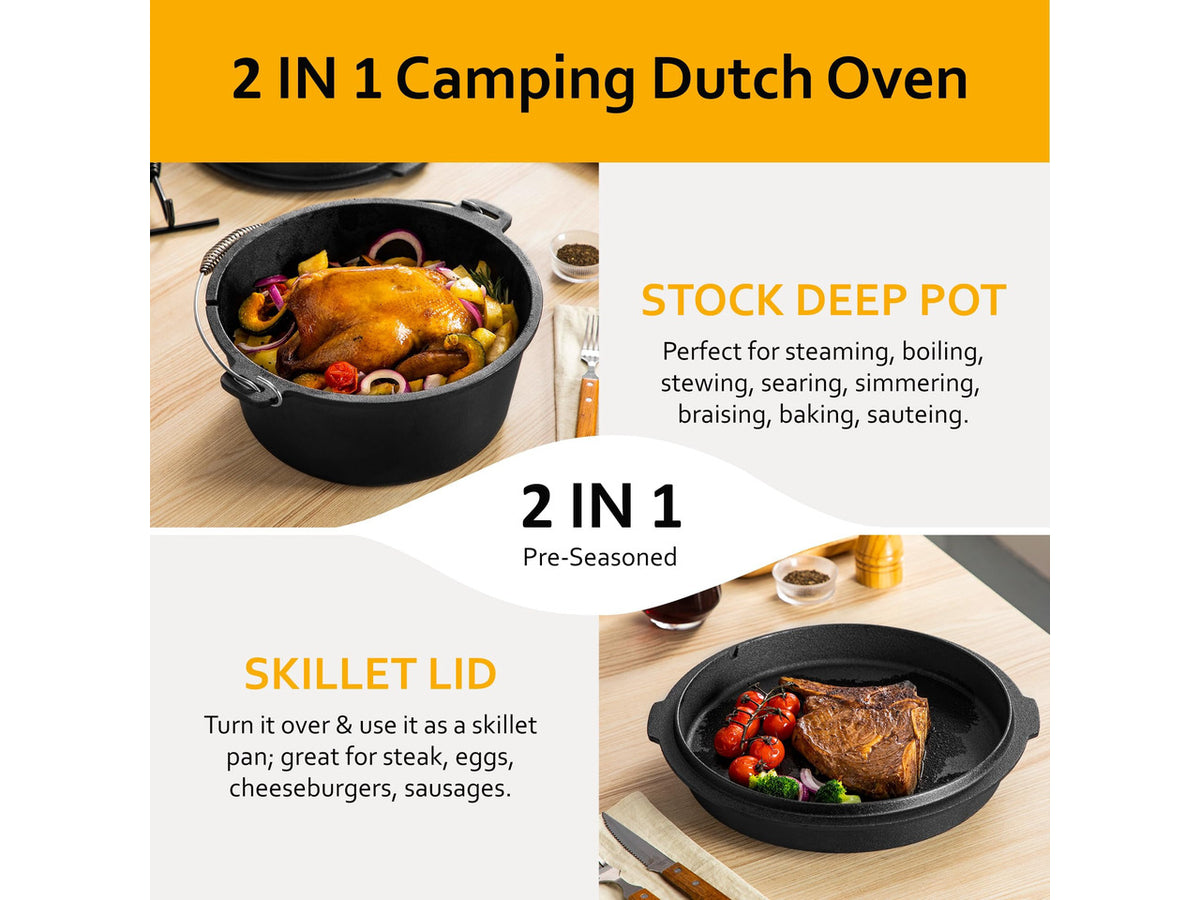10 QT Pre-Seasoned Cast Iron Camping Dutch Oven Pot with Lid | Comes with Metal Handles, Lid Lifter,Stand Support,Use in Oven, on Stove,Grill,or Over Campfire,Capacity for 4-8 People
