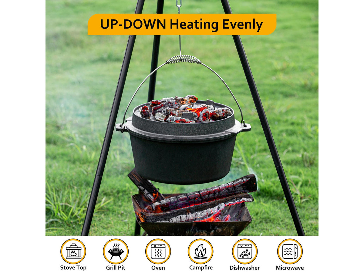 10 QT Pre-Seasoned Cast Iron Camping Dutch Oven Pot with Lid | Comes with Metal Handles, Lid Lifter,Stand Support,Use in Oven, on Stove,Grill,or Over Campfire,Capacity for 4-8 People