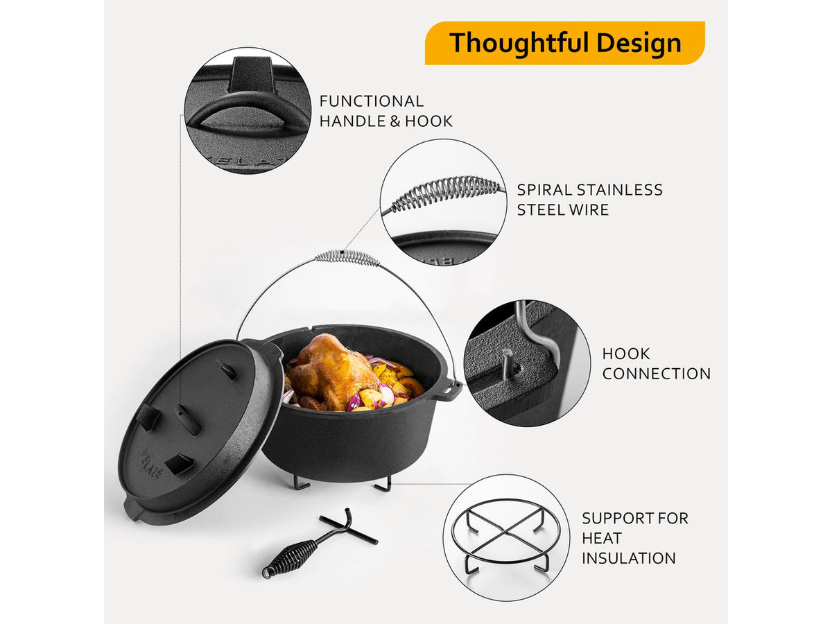 10 QT Pre-Seasoned Cast Iron Camping Dutch Oven Pot with Lid | Comes with Metal Handles, Lid Lifter,Stand Support,Use in Oven, on Stove,Grill,or Over Campfire,Capacity for 4-8 People