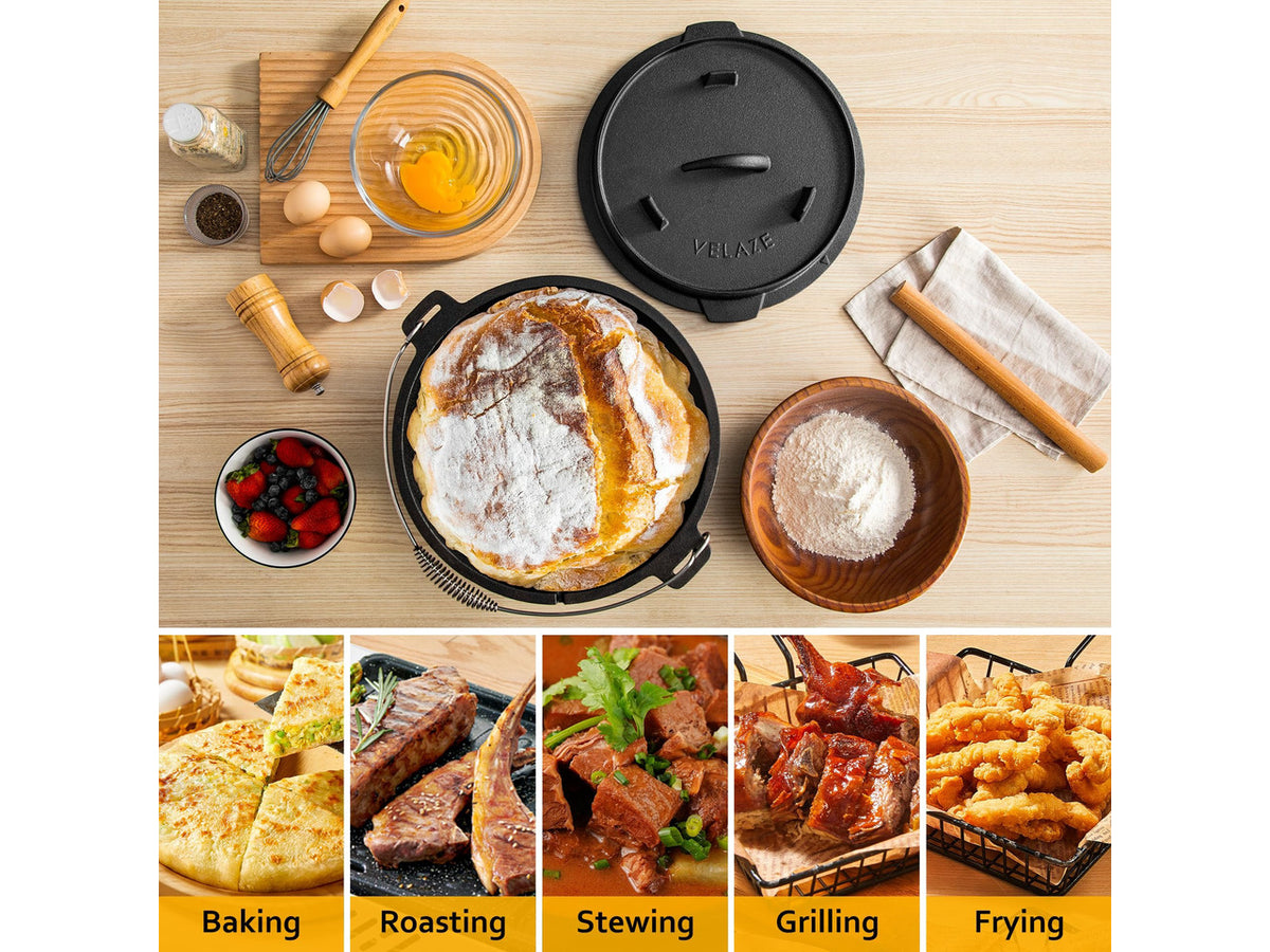 10 QT Pre-Seasoned Cast Iron Camping Dutch Oven Pot with Lid | Comes with Metal Handles, Lid Lifter,Stand Support,Use in Oven, on Stove,Grill,or Over Campfire,Capacity for 4-8 People