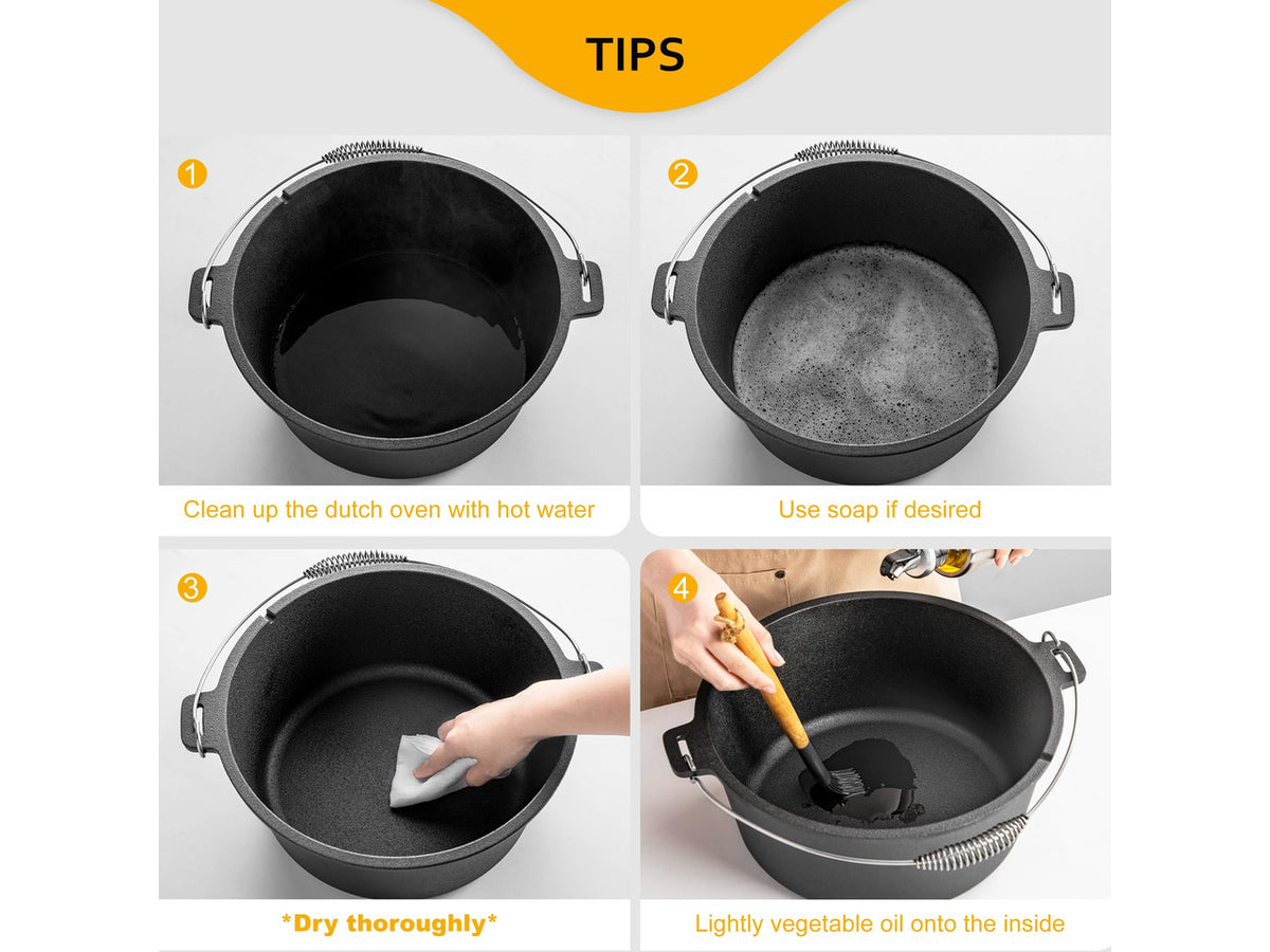 10 QT Pre-Seasoned Cast Iron Camping Dutch Oven Pot with Lid | Comes with Metal Handles, Lid Lifter,Stand Support,Use in Oven, on Stove,Grill,or Over Campfire,Capacity for 4-8 People