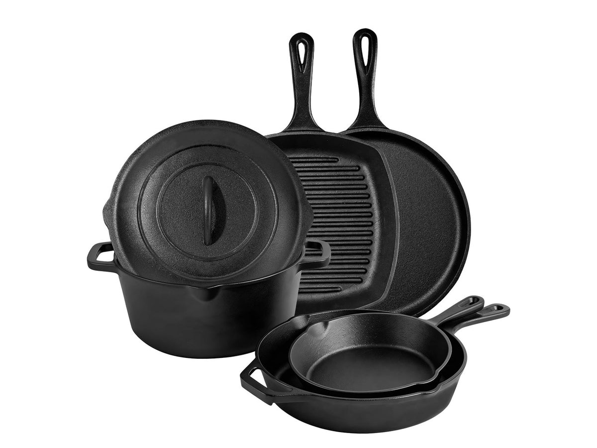 Cast Iron Set 6 Piece, PFAS-Free, Pre-Seasoned Pots and Pans Set | Incl. 8''/10.25'' Cast Iron Skillets, 5QT Dutch Oven w/ Lid, Round Griddle & Square Grill Pan for Kitchen, Stovetop & Camping