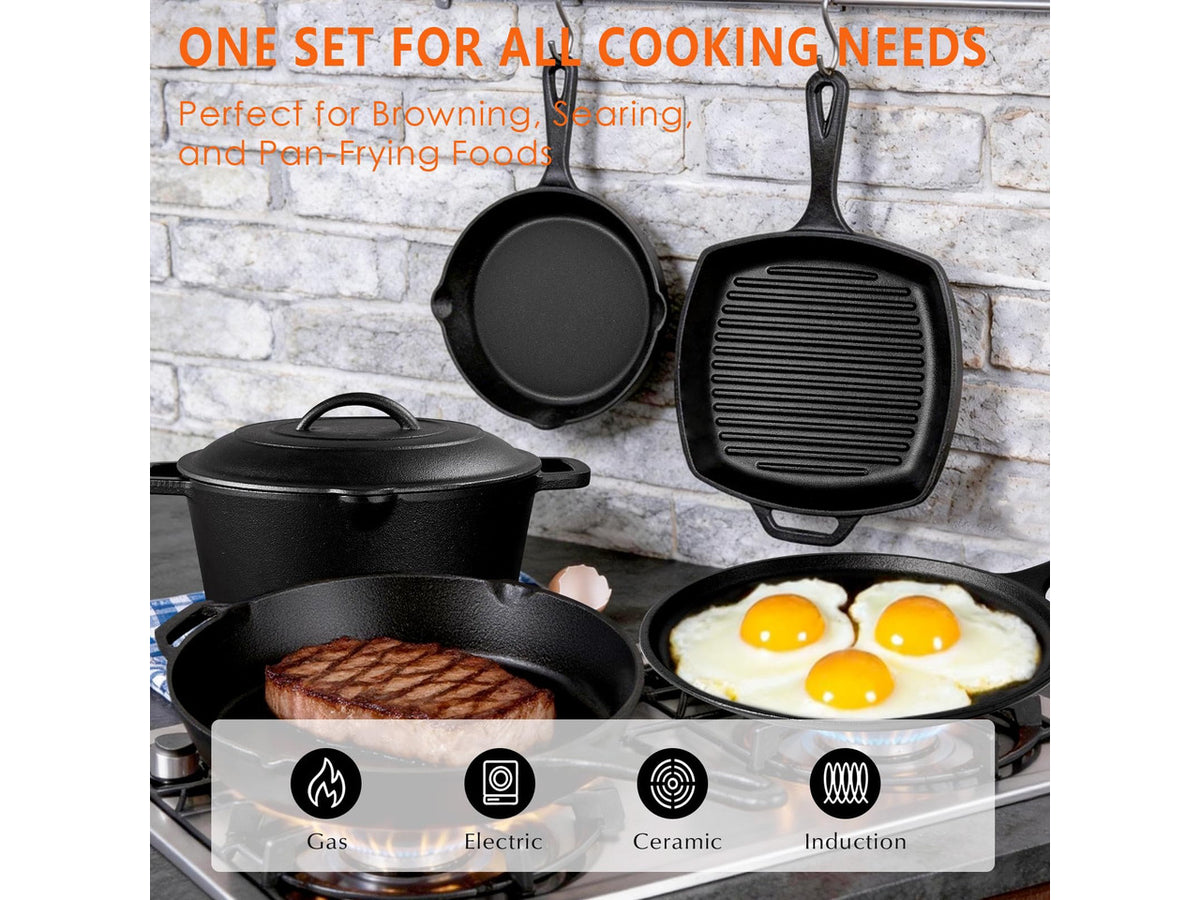 Cast Iron Set 6 Piece, PFAS-Free, Pre-Seasoned Pots and Pans Set | Incl. 8''/10.25'' Cast Iron Skillets, 5QT Dutch Oven w/ Lid, Round Griddle & Square Grill Pan for Kitchen, Stovetop & Camping
