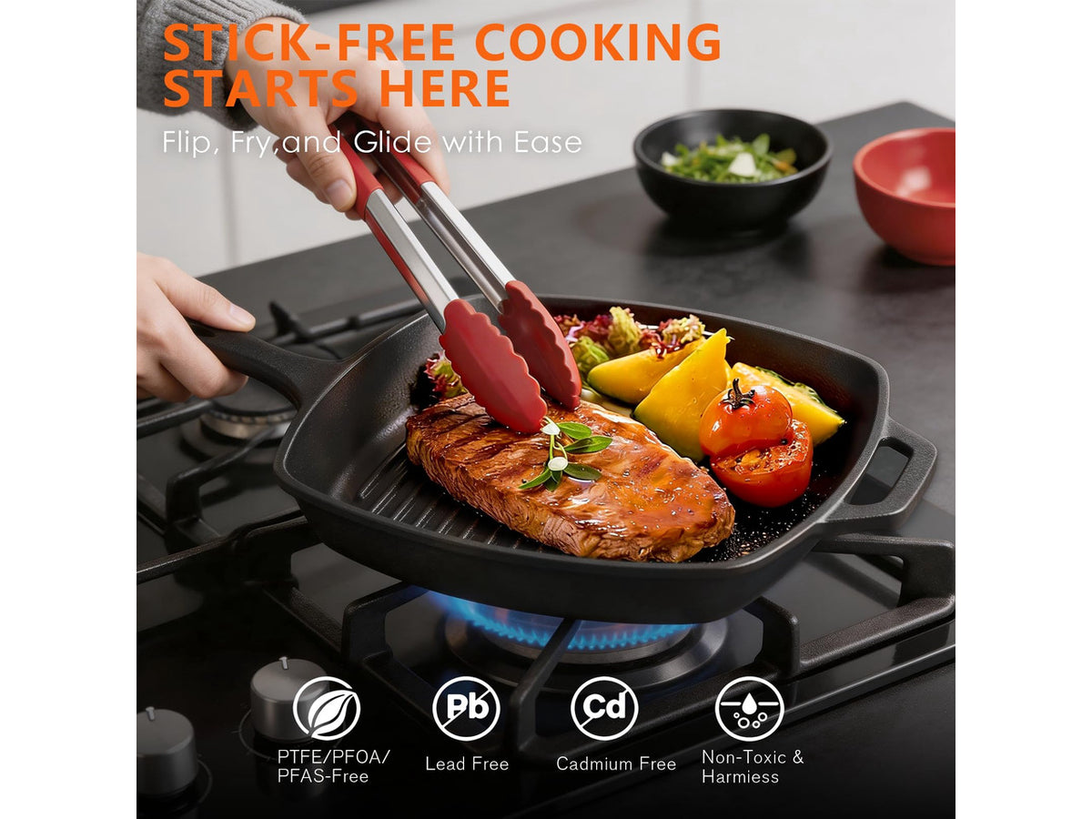 Cast Iron Set 6 Piece, PFAS-Free, Pre-Seasoned Pots and Pans Set | Incl. 8''/10.25'' Cast Iron Skillets, 5QT Dutch Oven w/ Lid, Round Griddle & Square Grill Pan for Kitchen, Stovetop & Camping