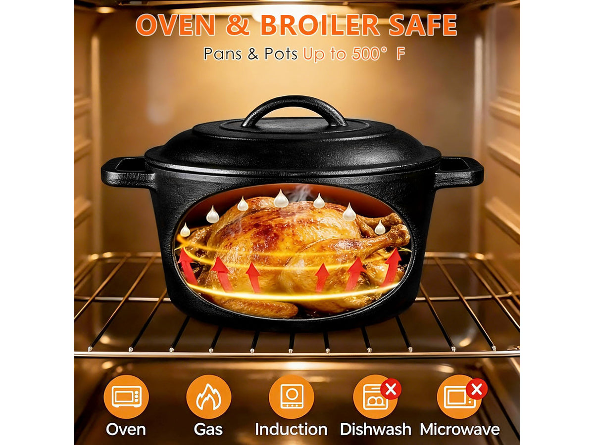 Cast Iron Set 6 Piece, PFAS-Free, Pre-Seasoned Pots and Pans Set | Incl. 8''/10.25'' Cast Iron Skillets, 5QT Dutch Oven w/ Lid, Round Griddle & Square Grill Pan for Kitchen, Stovetop & Camping