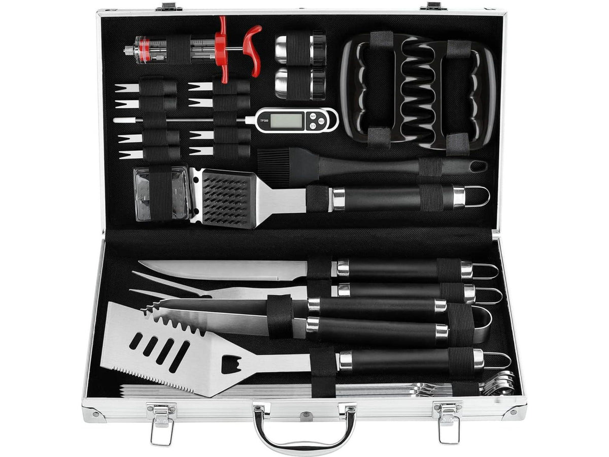 26Pcs BBQ Grill Accessories Set with Aluminum Storage Case, Stainless Steel Grilling Utensils with Meat Claws Injector Thermometer for Camping Outdoor Barbecue