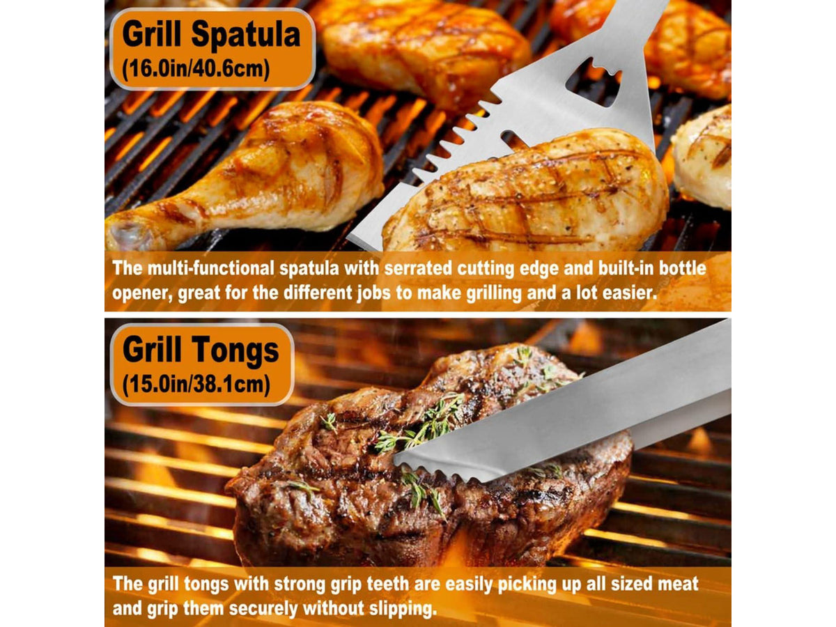 26Pcs BBQ Grill Accessories Set with Aluminum Storage Case, Stainless Steel Grilling Utensils with Meat Claws Injector Thermometer for Camping Outdoor Barbecue