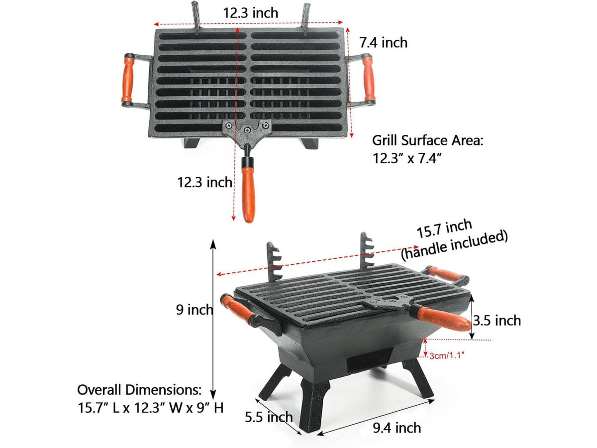 Compact Cast Iron Tabletop Charcoal Grill with Adjustable Grate and Wooden Handles, Portable Heavy-Duty BBQ Grill for Camping Balcony and Small Spaces
