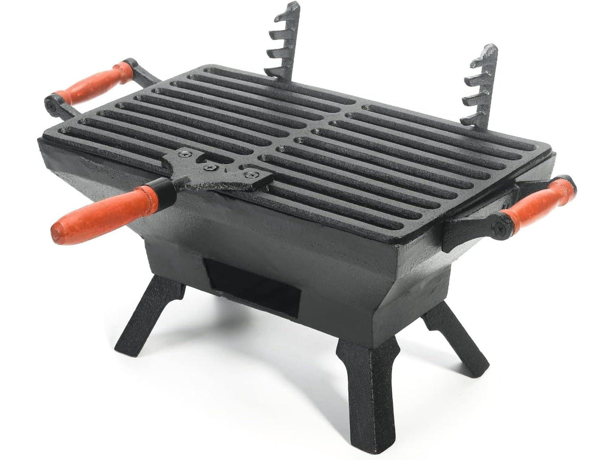 Compact Cast Iron Tabletop Charcoal Grill with Adjustable Grate and Wooden Handles, Portable Heavy-Duty BBQ Grill for Camping Balcony and Small Spaces