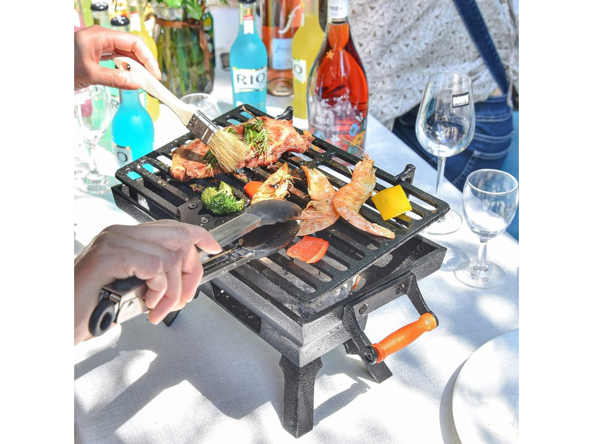 Compact Cast Iron Tabletop Charcoal Grill with Adjustable Grate and Wooden Handles, Portable Heavy-Duty BBQ Grill for Camping Balcony and Small Spaces