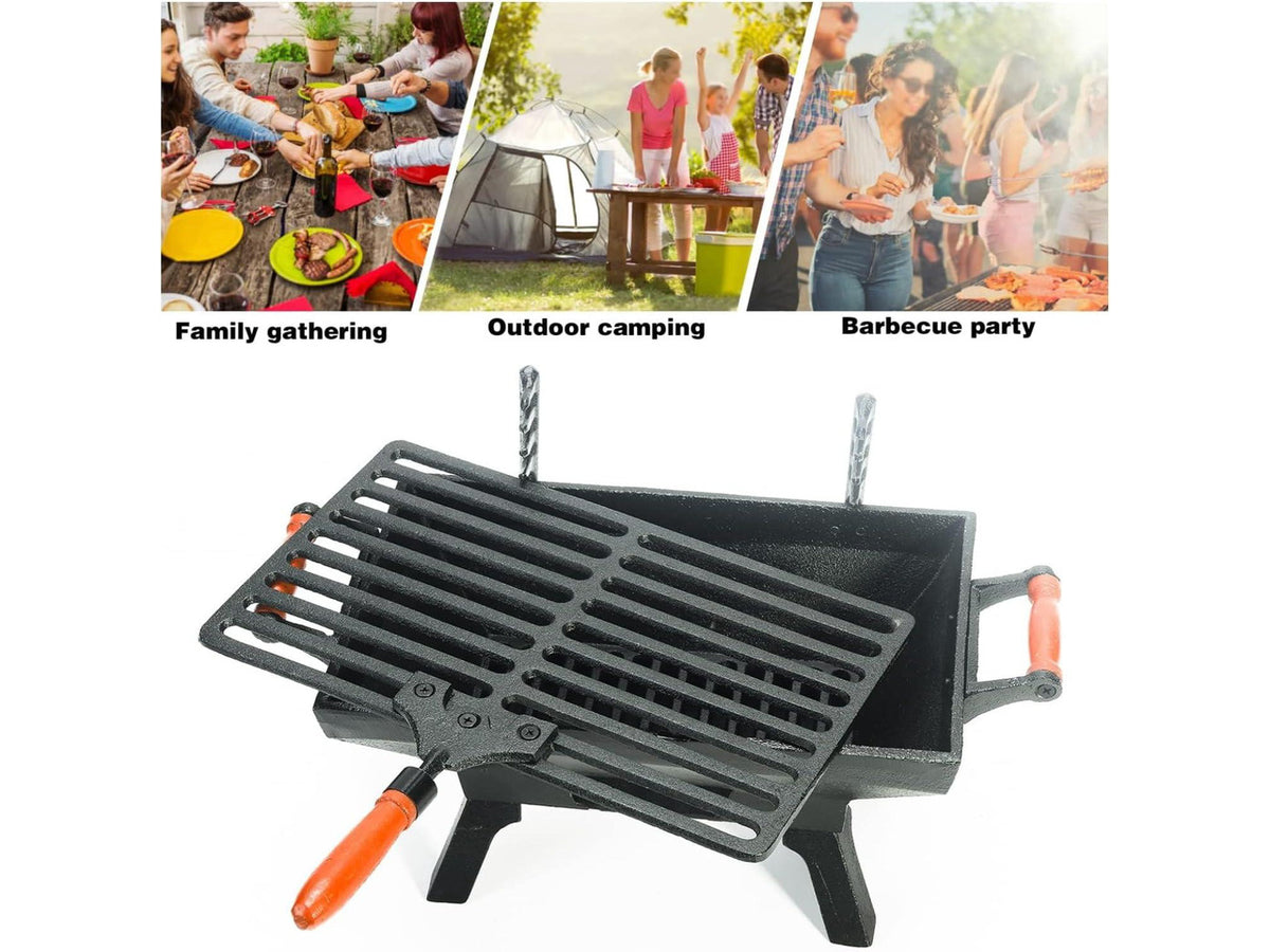 Compact Cast Iron Tabletop Charcoal Grill with Adjustable Grate and Wooden Handles, Portable Heavy-Duty BBQ Grill for Camping Balcony and Small Spaces