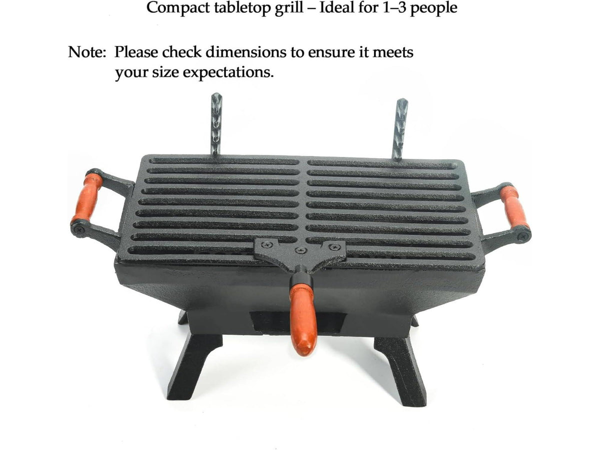 Compact Cast Iron Tabletop Charcoal Grill with Adjustable Grate and Wooden Handles, Portable Heavy-Duty BBQ Grill for Camping Balcony and Small Spaces