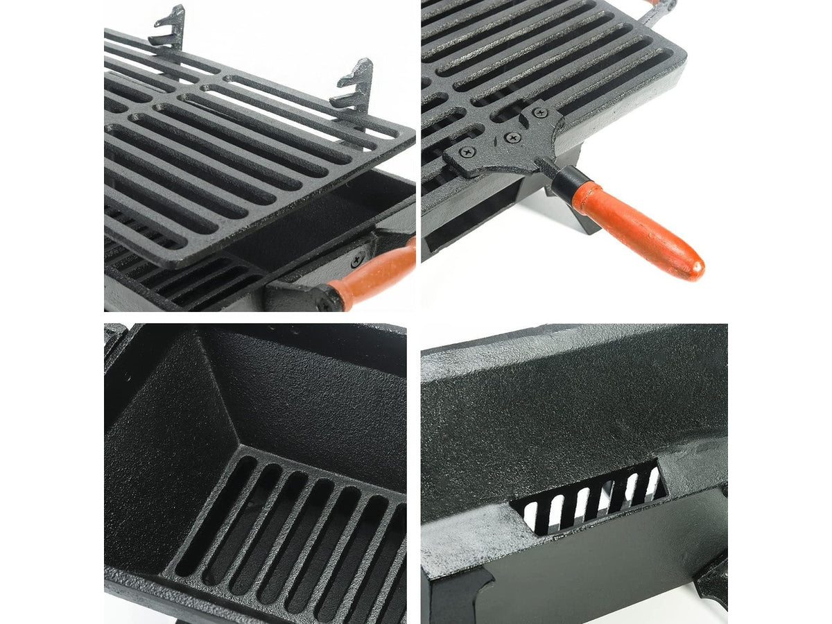 Compact Cast Iron Tabletop Charcoal Grill with Adjustable Grate and Wooden Handles, Portable Heavy-Duty BBQ Grill for Camping Balcony and Small Spaces