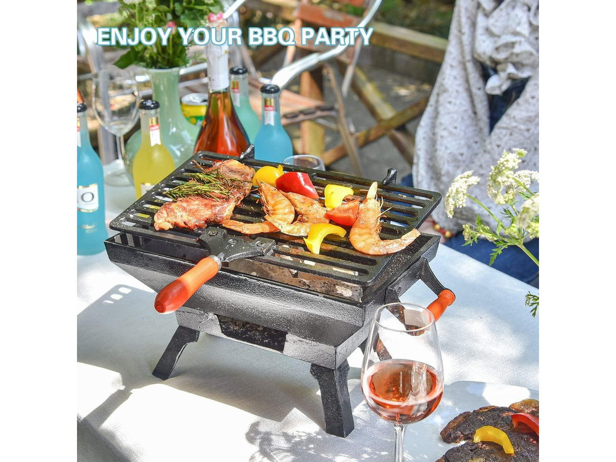 Compact Cast Iron Tabletop Charcoal Grill with Adjustable Grate and Wooden Handles, Portable Heavy-Duty BBQ Grill for Camping Balcony and Small Spaces