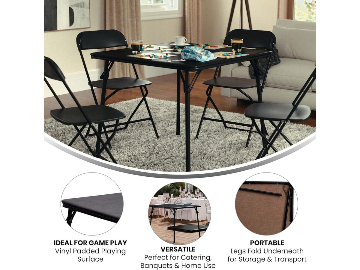 33.5" Square Folding Multipurpose Card Table, Padded Vinyl Top, Portable 4-Player Game Table, Black, No Assembly