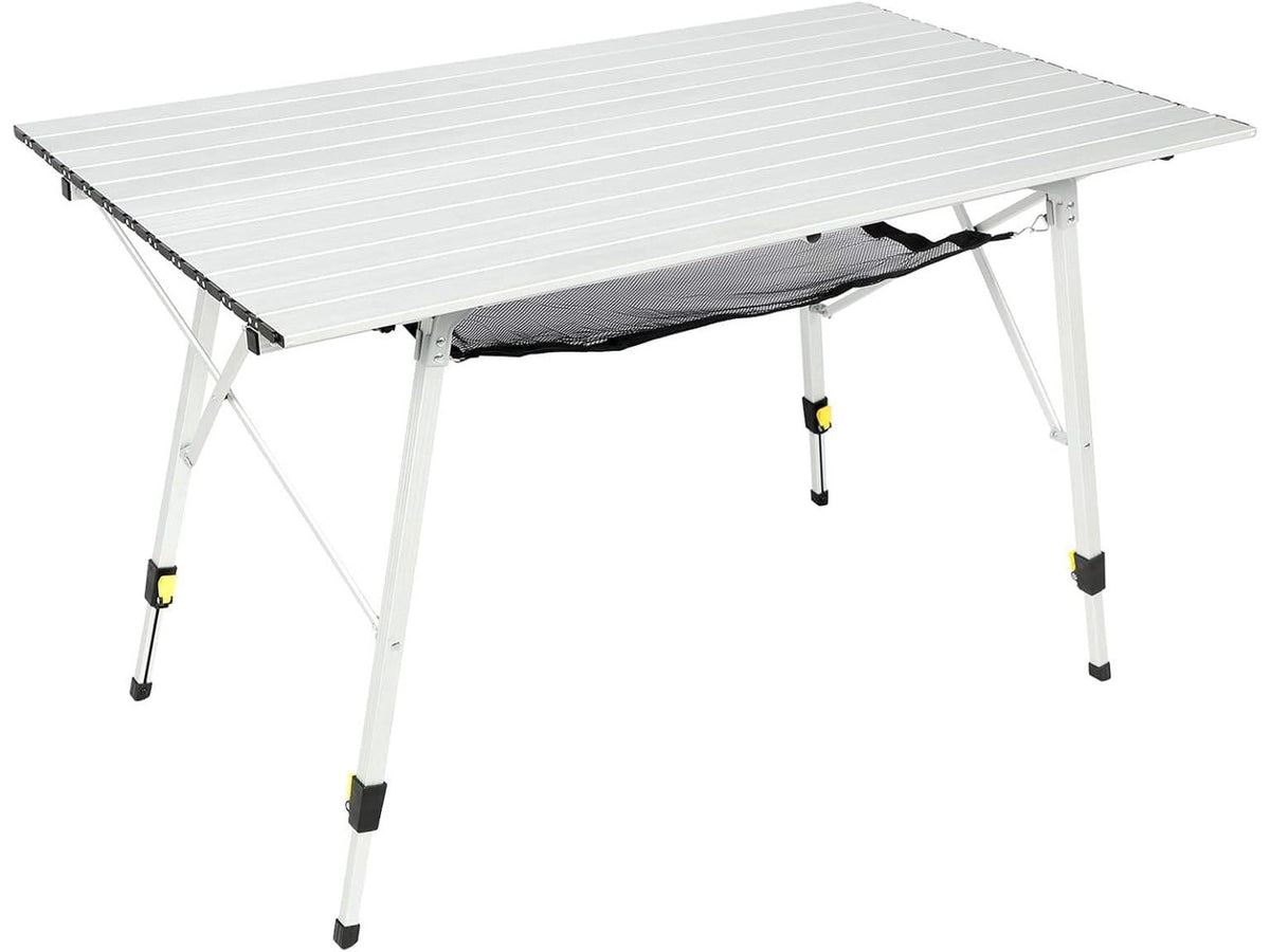 Adjustable Height Folding Camping Table, Roll Up Aluminum Portable Table with Removable Storage Mesh and Carry Bag, Waterproof Lightweight Outdoor Table for Picnic BBQ Backyard Beach Party
