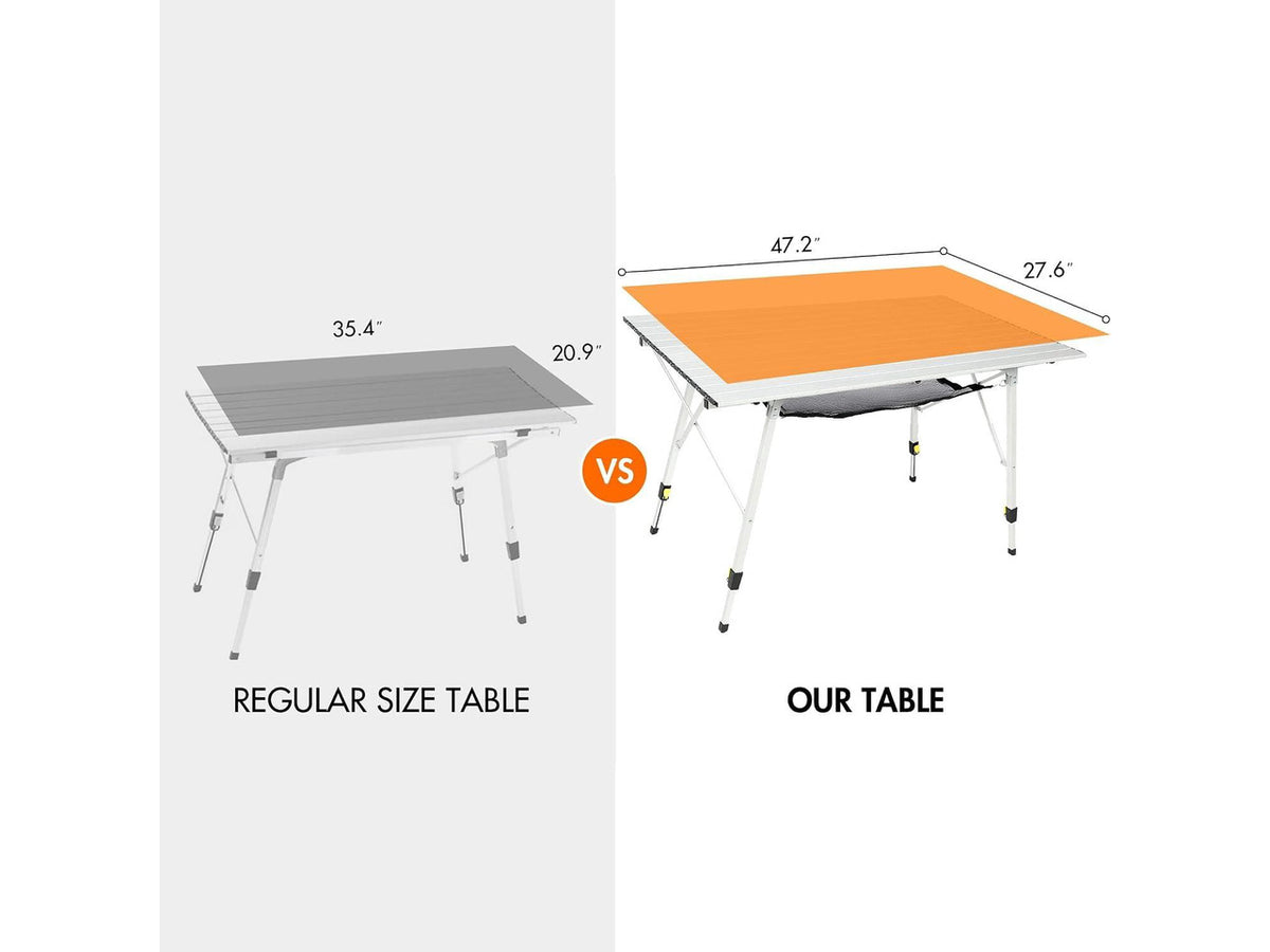 Adjustable Height Folding Camping Table, Roll Up Aluminum Portable Table with Removable Storage Mesh and Carry Bag, Waterproof Lightweight Outdoor Table for Picnic BBQ Backyard Beach Party
