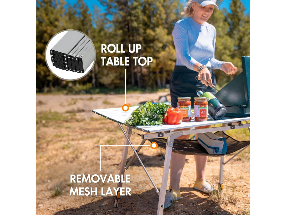Adjustable Height Folding Camping Table, Roll Up Aluminum Portable Table with Removable Storage Mesh and Carry Bag, Waterproof Lightweight Outdoor Table for Picnic BBQ Backyard Beach Party