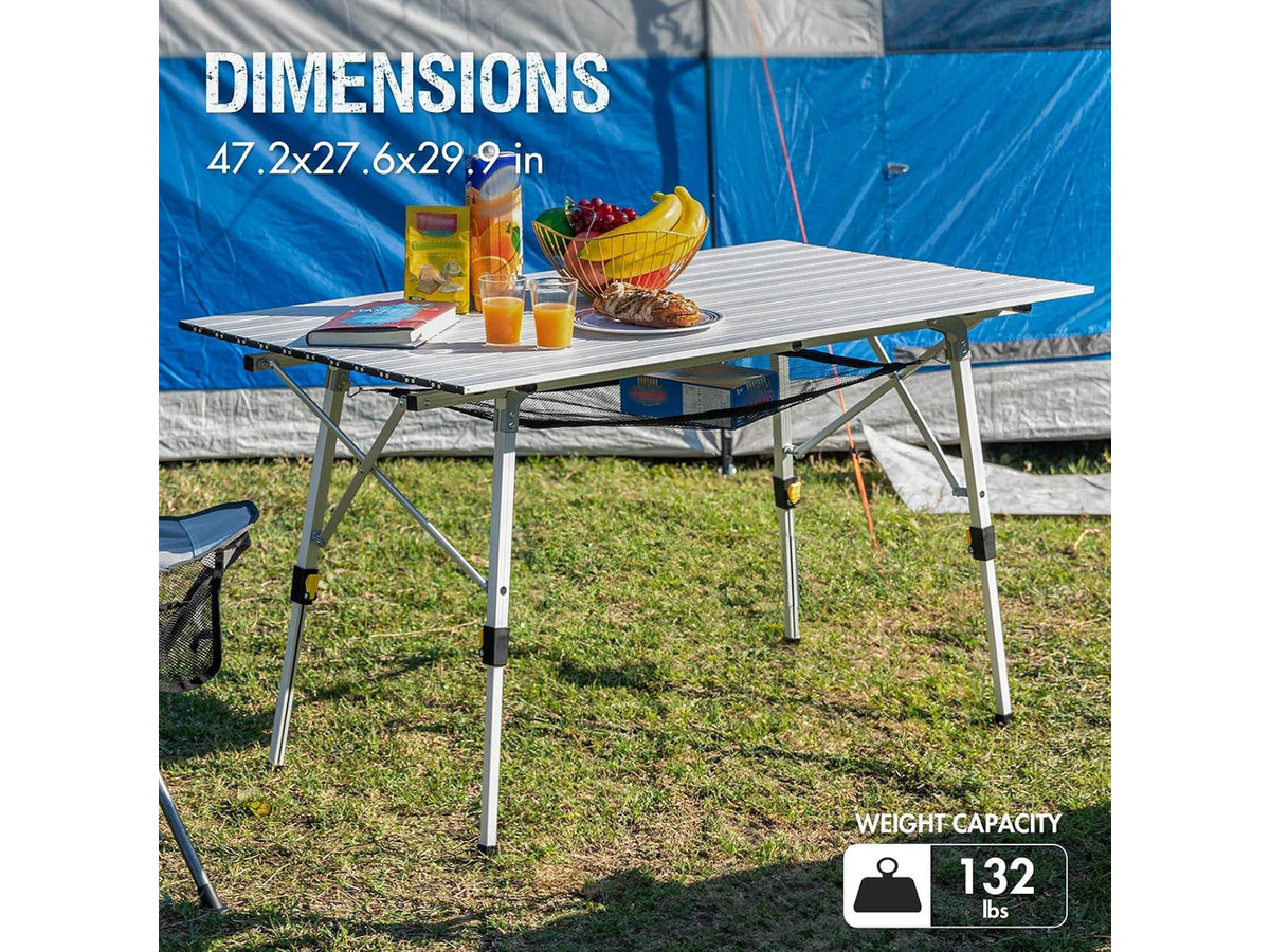 Adjustable Height Folding Camping Table, Roll Up Aluminum Portable Table with Removable Storage Mesh and Carry Bag, Waterproof Lightweight Outdoor Table for Picnic BBQ Backyard Beach Party