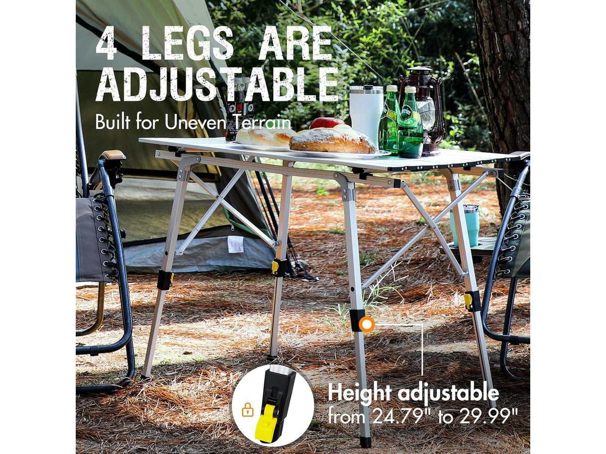 Adjustable Height Folding Camping Table, Roll Up Aluminum Portable Table with Removable Storage Mesh and Carry Bag, Waterproof Lightweight Outdoor Table for Picnic BBQ Backyard Beach Party