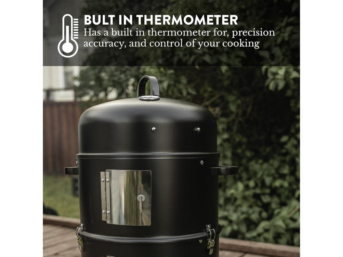 16 Inch Heavy Duty Vertical Charcoal Smoker, Multipurpose Outdoor BBQ Grill with Built-in Thermometer, Adjustable Vent and Dual Access Doors, Portable Cooking Smoker for Patio Backyard Camping