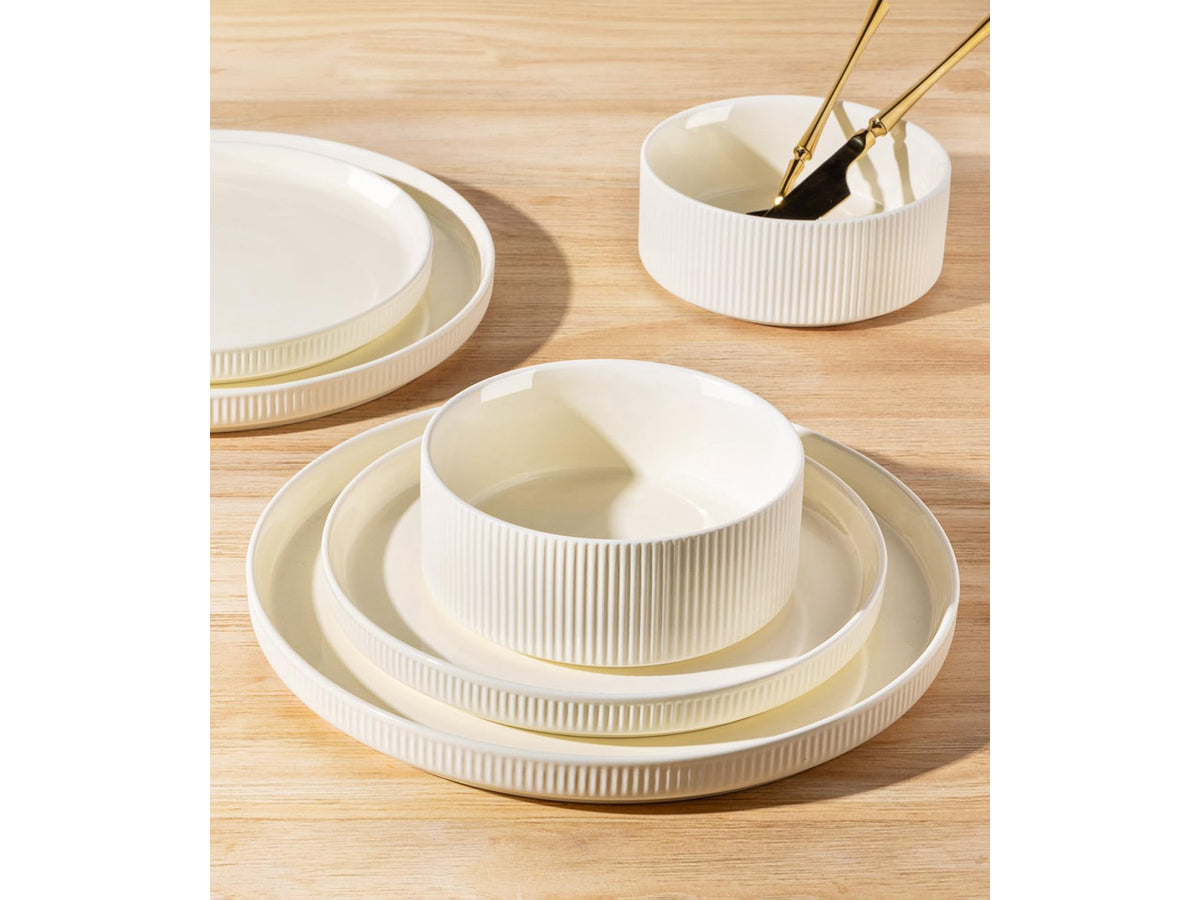12-Piece Ceramic Dinnerware Set for 4, Double Reactive Glaze Plates and Bowls Set, High Temperature Fired Durable Tableware, Stackable Design, Oven Microwave Dishwasher Safe Rustic Home Dining Dishes