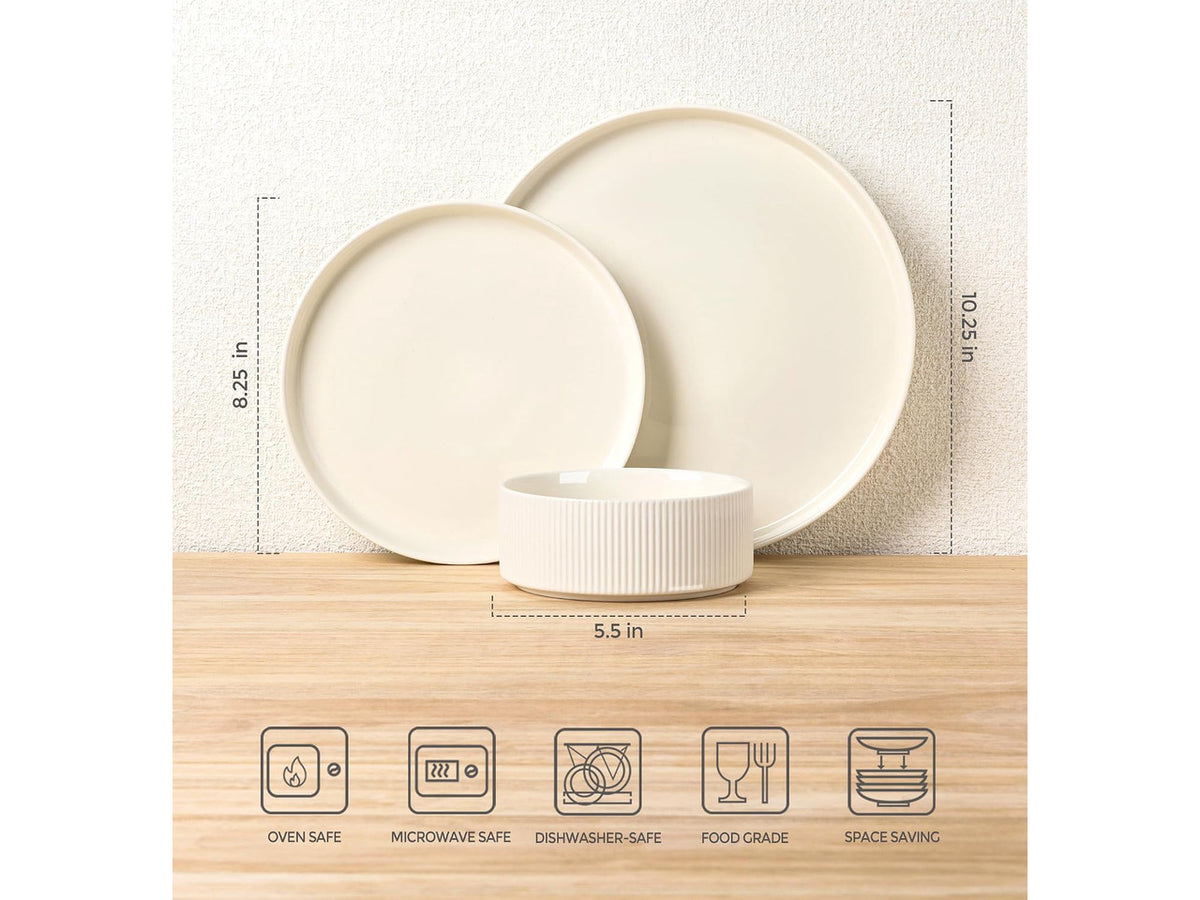 12-Piece Ceramic Dinnerware Set for 4, Double Reactive Glaze Plates and Bowls Set, High Temperature Fired Durable Tableware, Stackable Design, Oven Microwave Dishwasher Safe Rustic Home Dining Dishes