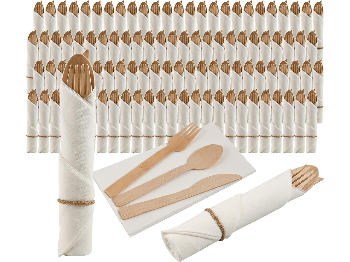 100 Pack Pre Rolled Bamboo Cutlery Set, Compostable Biodegradable Disposable Utensils with Thick Napkins, 400 PCS Forks Knives Spoons Combo for Wedding Party Birthday Catering Events