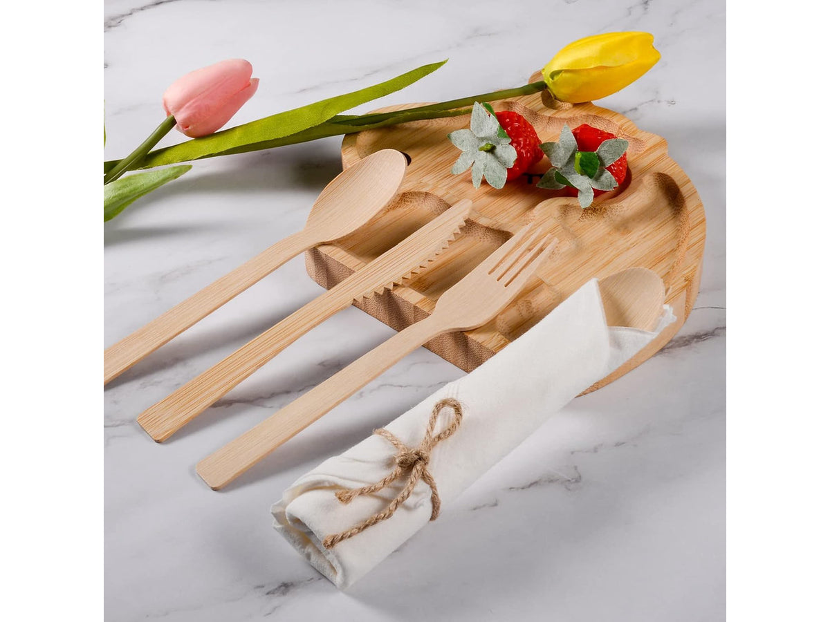 100 Pack Pre Rolled Bamboo Cutlery Set, Compostable Biodegradable Disposable Utensils with Thick Napkins, 400 PCS Forks Knives Spoons Combo for Wedding Party Birthday Catering Events