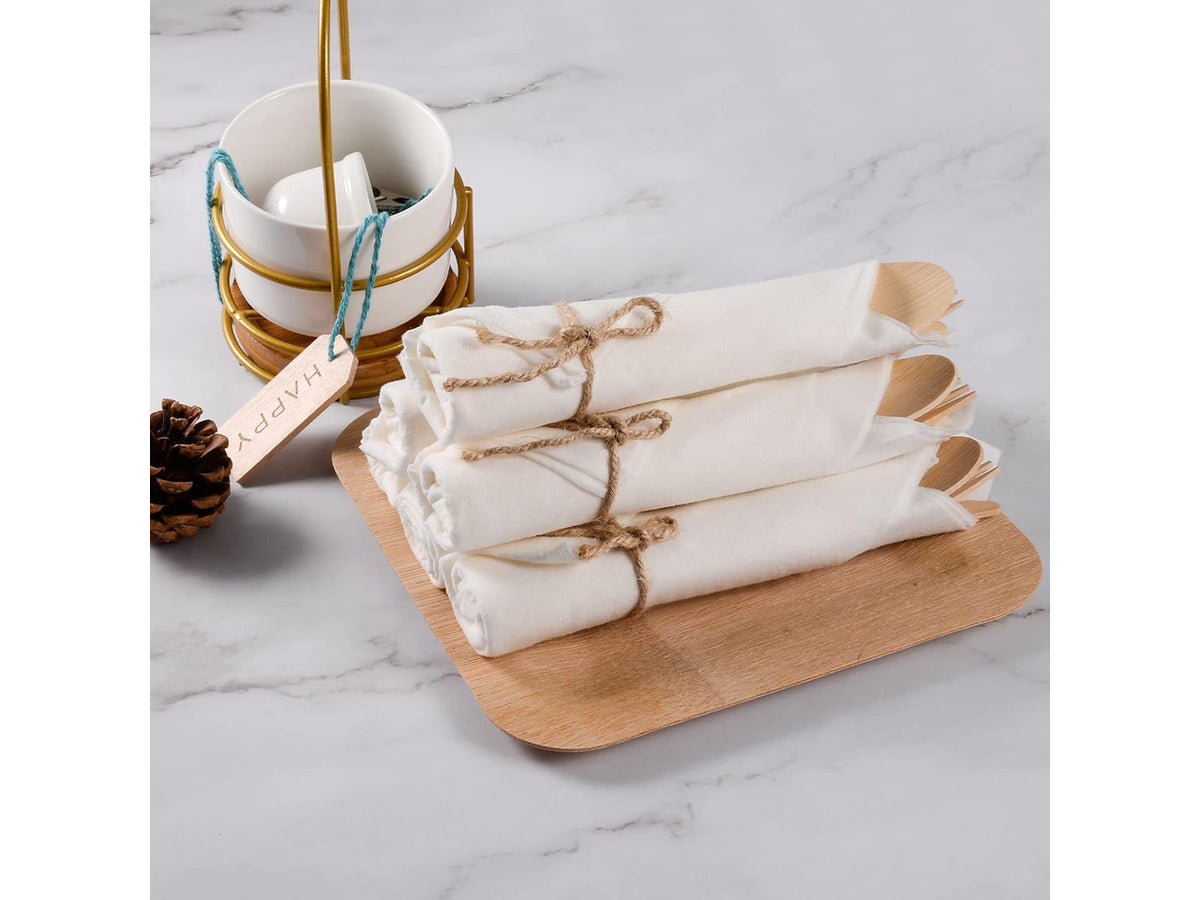 100 Pack Pre Rolled Bamboo Cutlery Set, Compostable Biodegradable Disposable Utensils with Thick Napkins, 400 PCS Forks Knives Spoons Combo for Wedding Party Birthday Catering Events