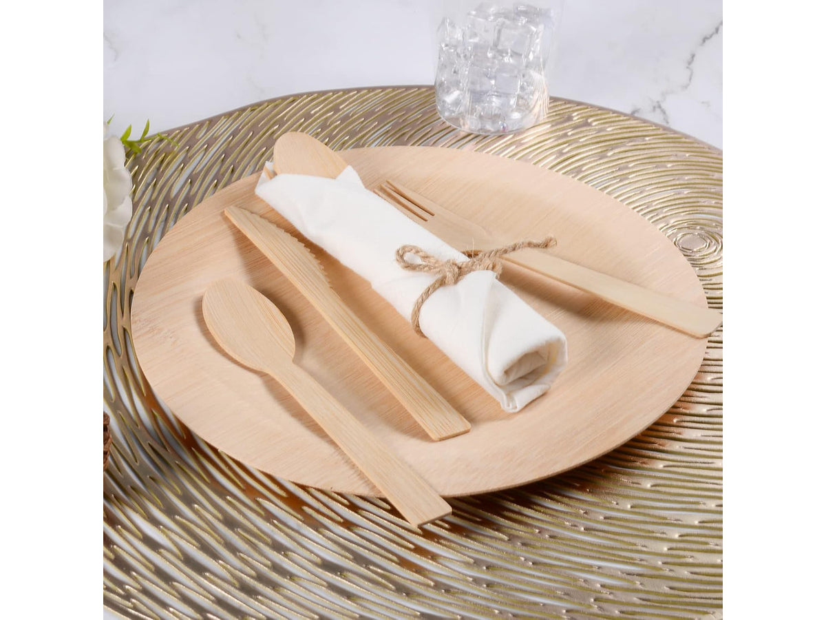 100 Pack Pre Rolled Bamboo Cutlery Set, Compostable Biodegradable Disposable Utensils with Thick Napkins, 400 PCS Forks Knives Spoons Combo for Wedding Party Birthday Catering Events