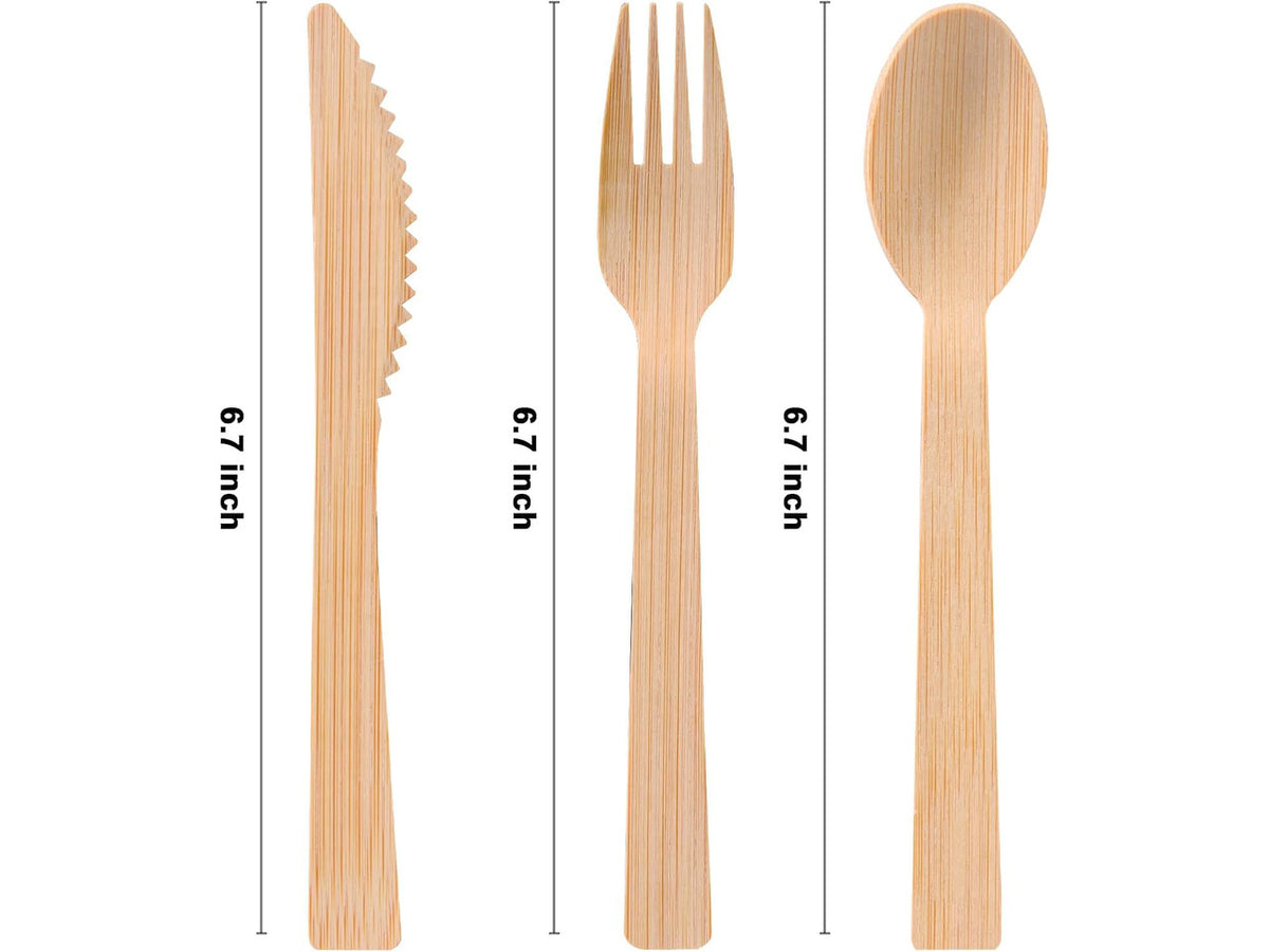 100 Pack Pre Rolled Bamboo Cutlery Set, Compostable Biodegradable Disposable Utensils with Thick Napkins, 400 PCS Forks Knives Spoons Combo for Wedding Party Birthday Catering Events