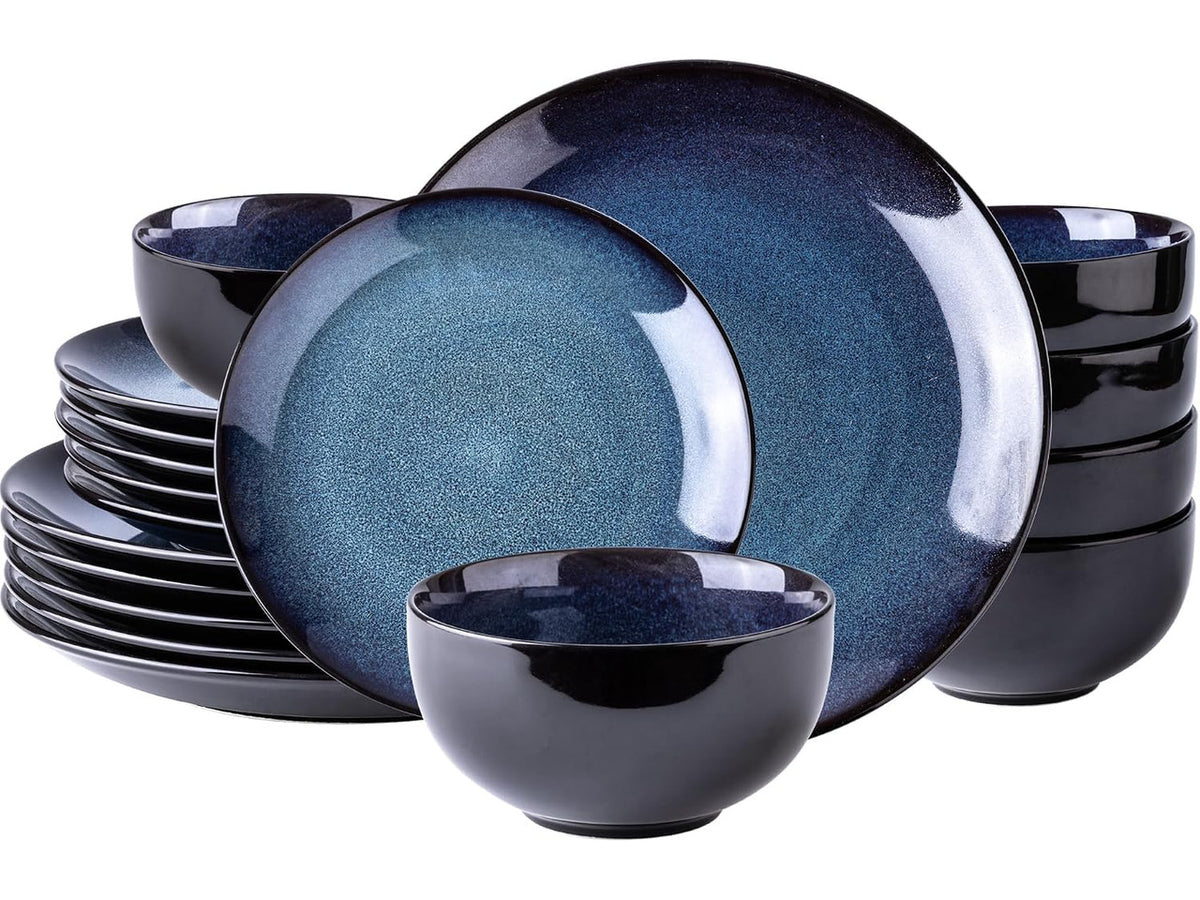 18 Piece Reactive Glaze Porcelain Dinnerware Set for 6, Unique Scratch Resistant Plates and Bowls Set, High Temperature Fired Ceramic Tableware, Oven Safe Modern Home Dining Set