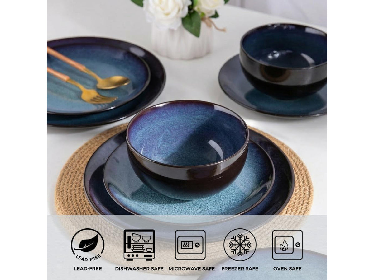 18 Piece Reactive Glaze Porcelain Dinnerware Set for 6, Unique Scratch Resistant Plates and Bowls Set, High Temperature Fired Ceramic Tableware, Oven Safe Modern Home Dining Set