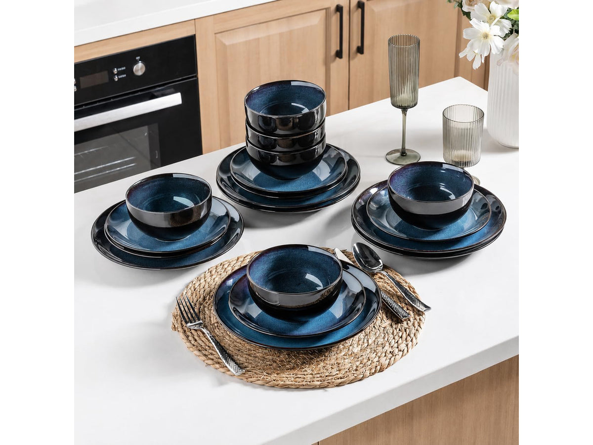18 Piece Reactive Glaze Porcelain Dinnerware Set for 6, Unique Scratch Resistant Plates and Bowls Set, High Temperature Fired Ceramic Tableware, Oven Safe Modern Home Dining Set