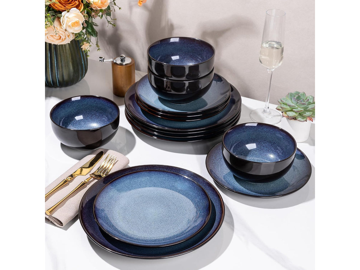 18 Piece Reactive Glaze Porcelain Dinnerware Set for 6, Unique Scratch Resistant Plates and Bowls Set, High Temperature Fired Ceramic Tableware, Oven Safe Modern Home Dining Set