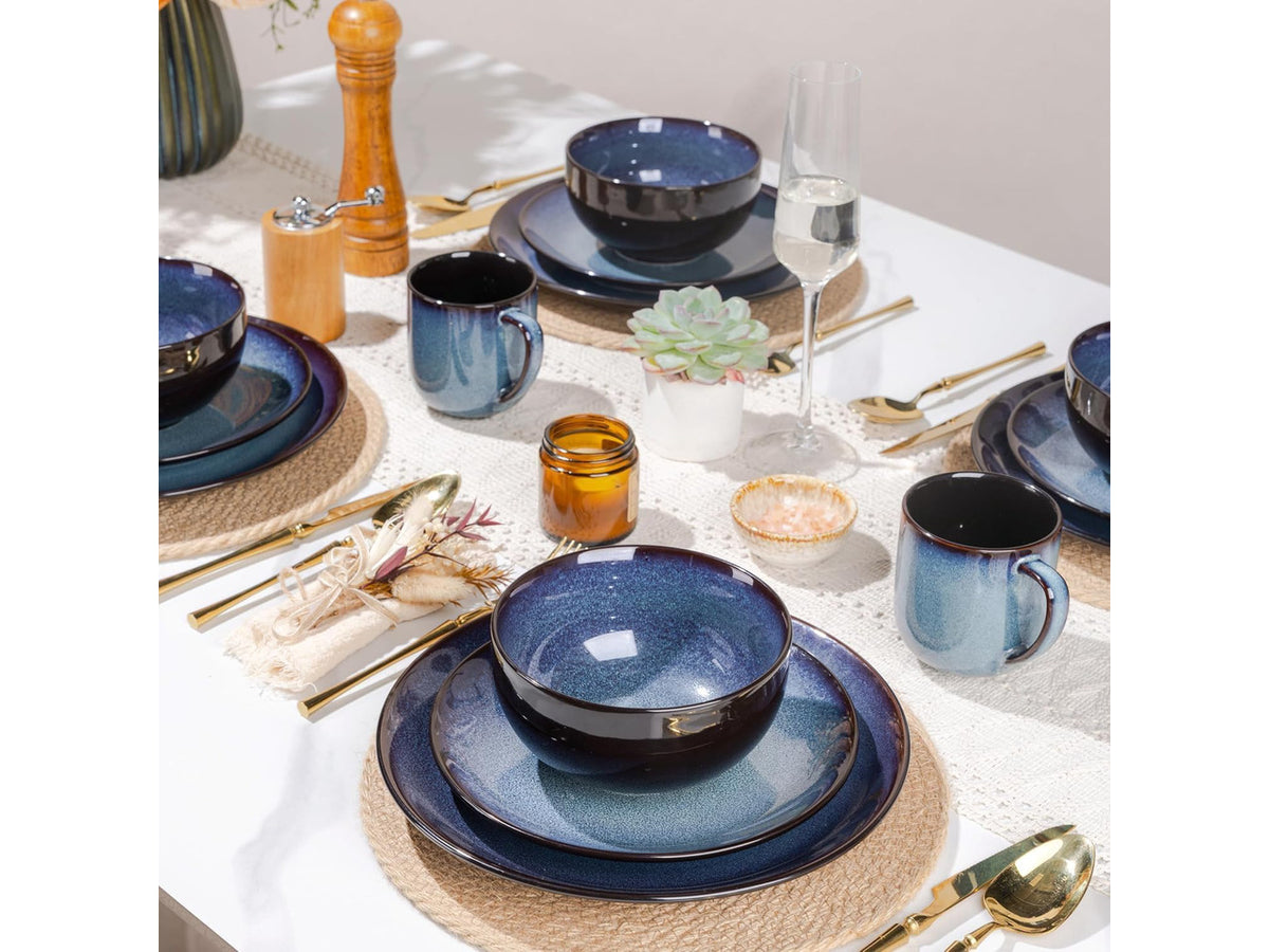 18 Piece Reactive Glaze Porcelain Dinnerware Set for 6, Unique Scratch Resistant Plates and Bowls Set, High Temperature Fired Ceramic Tableware, Oven Safe Modern Home Dining Set