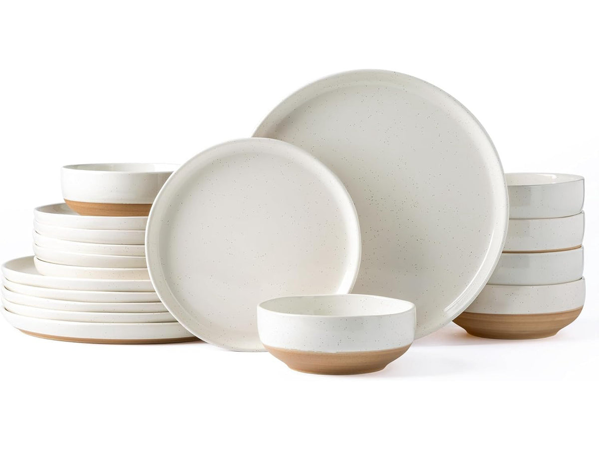 18 Piece Ceramic Dinnerware Set for 6, High Temperature Fired Speckled Glaze Plates and Bowls Set, Chip & Scratch Resistant Dishwasher Microwave Safe Modern Wavy Rim Tableware