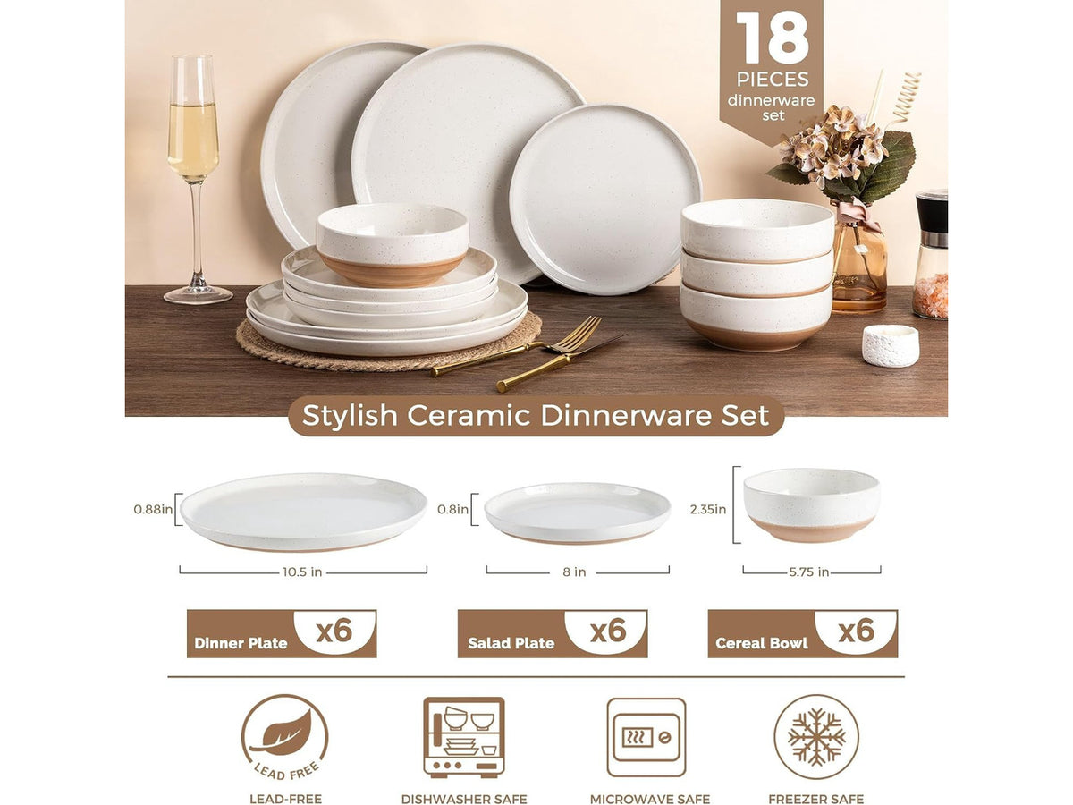 18-Piece Light Beige Stoneware Dinnerware Set for 6, Ceramic Plates and Bowls Set with Wavy Rim, Scratch Resistant, Dishwasher Microwave Freezer Safe Modern Tableware
