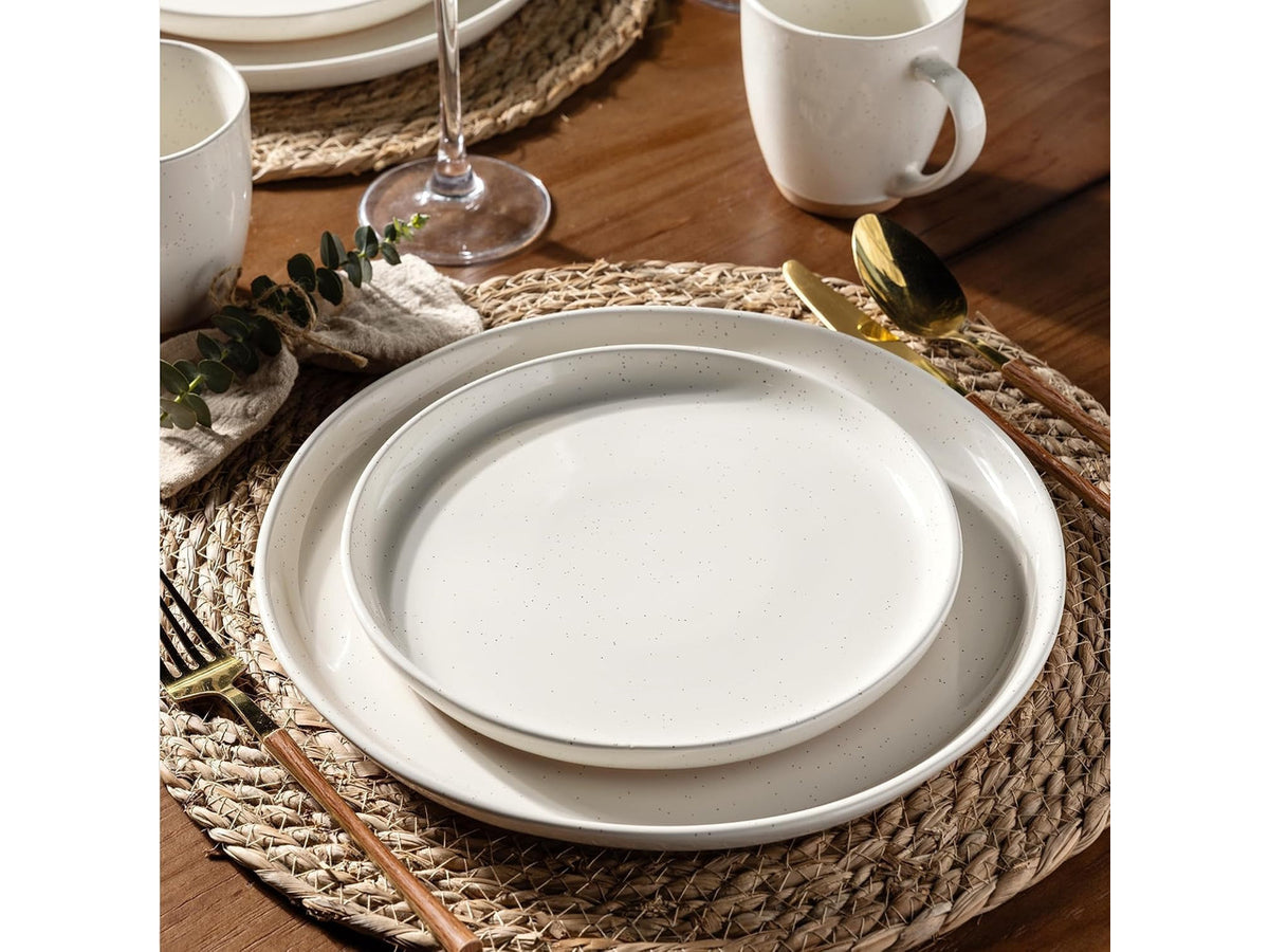 18 Piece Ceramic Dinnerware Set for 6, High Temperature Fired Speckled Glaze Plates and Bowls Set, Chip & Scratch Resistant Dishwasher Microwave Safe Modern Wavy Rim Tableware