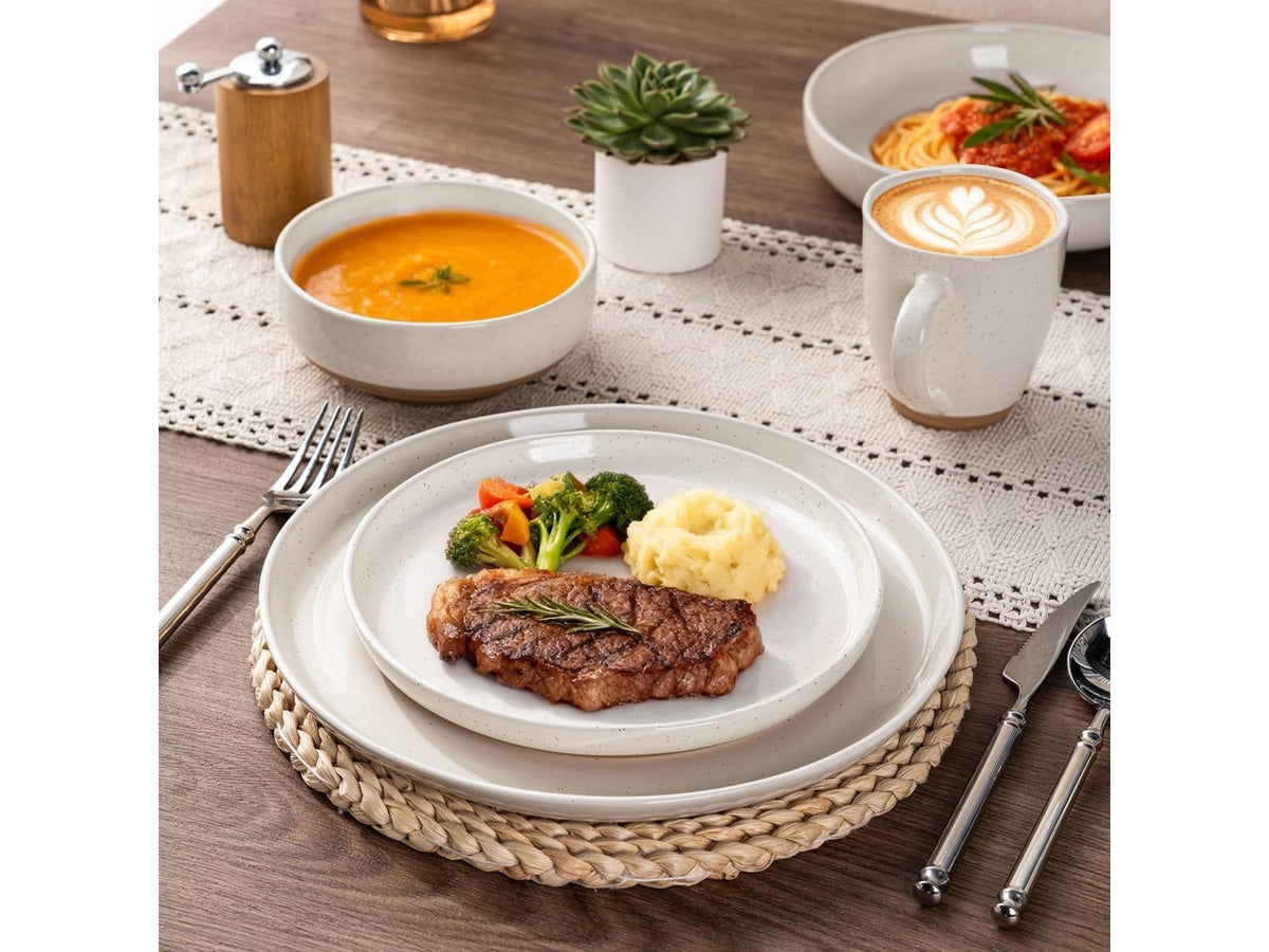 18-Piece Light Beige Stoneware Dinnerware Set for 6, Ceramic Plates and Bowls Set with Wavy Rim, Scratch Resistant, Dishwasher Microwave Freezer Safe Modern Tableware
