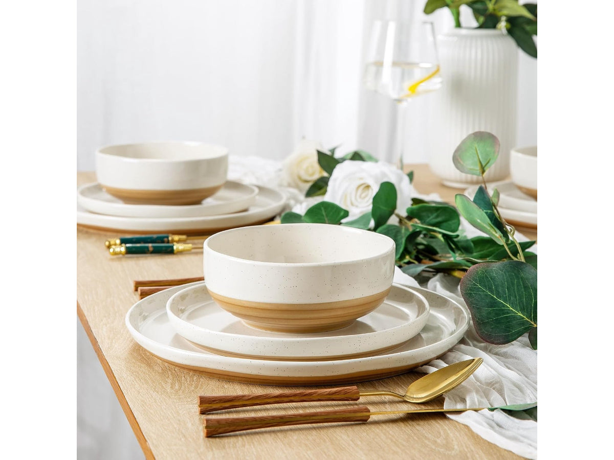 18 Piece Ceramic Dinnerware Set for 6, High Temperature Fired Speckled Glaze Plates and Bowls Set, Chip & Scratch Resistant Dishwasher Microwave Safe Modern Wavy Rim Tableware