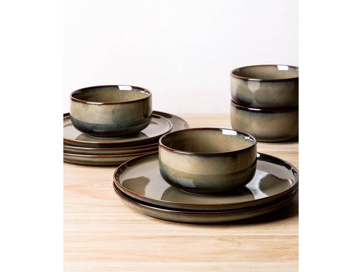 12Piece Ceramic Dinnerware Set for 4, Handmade Reactive Glaze Plates and Bowls, Mocha Brown, Scratch Resistant, Microwave Oven Dishwasher Safe Tableware