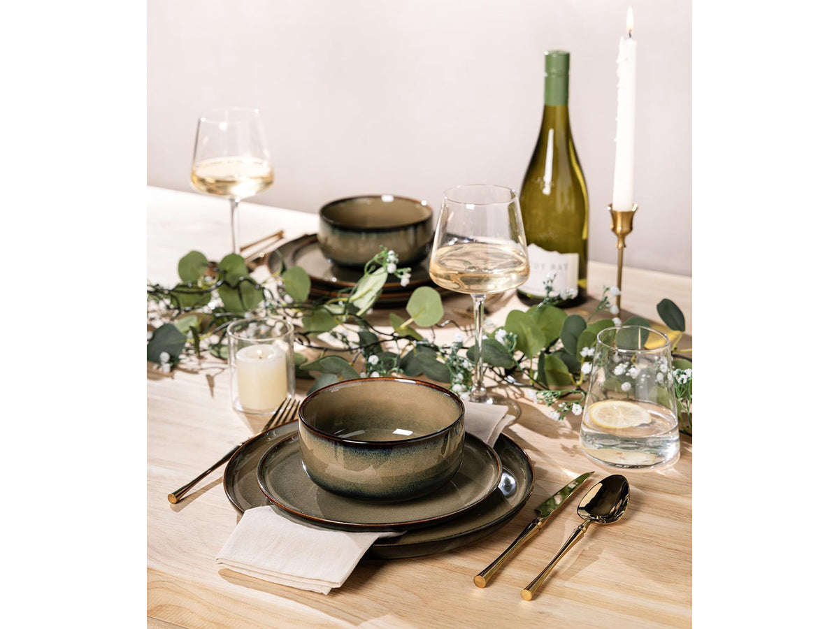 12Piece Ceramic Dinnerware Set for 4, Handmade Reactive Glaze Plates and Bowls, Mocha Brown, Scratch Resistant, Microwave Oven Dishwasher Safe Tableware
