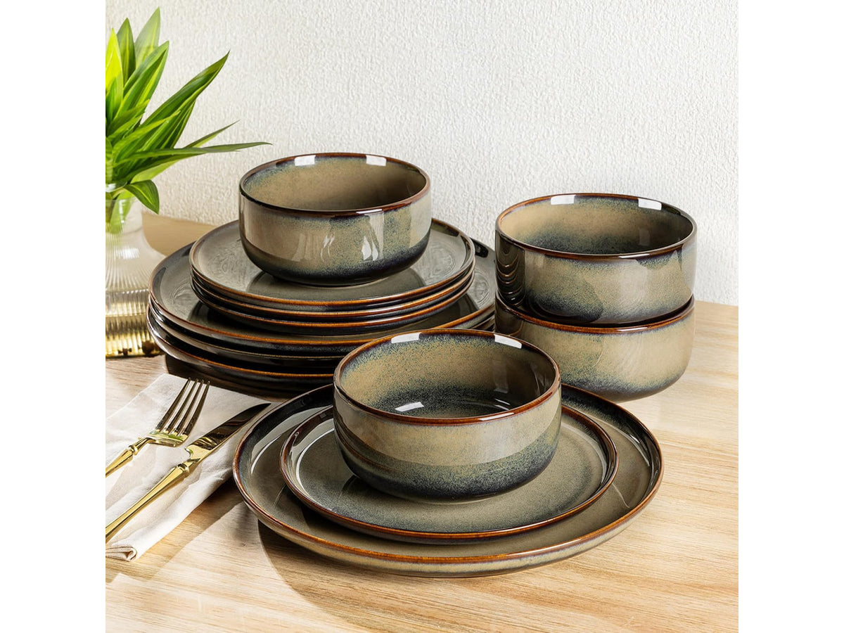 12Piece Ceramic Dinnerware Set for 4, Handmade Reactive Glaze Plates and Bowls, Mocha Brown, Scratch Resistant, Microwave Oven Dishwasher Safe Tableware