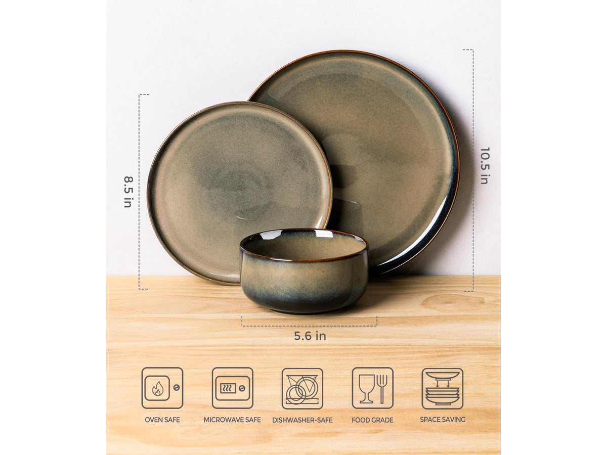 12Piece Ceramic Dinnerware Set for 4, Handmade Reactive Glaze Plates and Bowls, Mocha Brown, Scratch Resistant, Microwave Oven Dishwasher Safe Tableware
