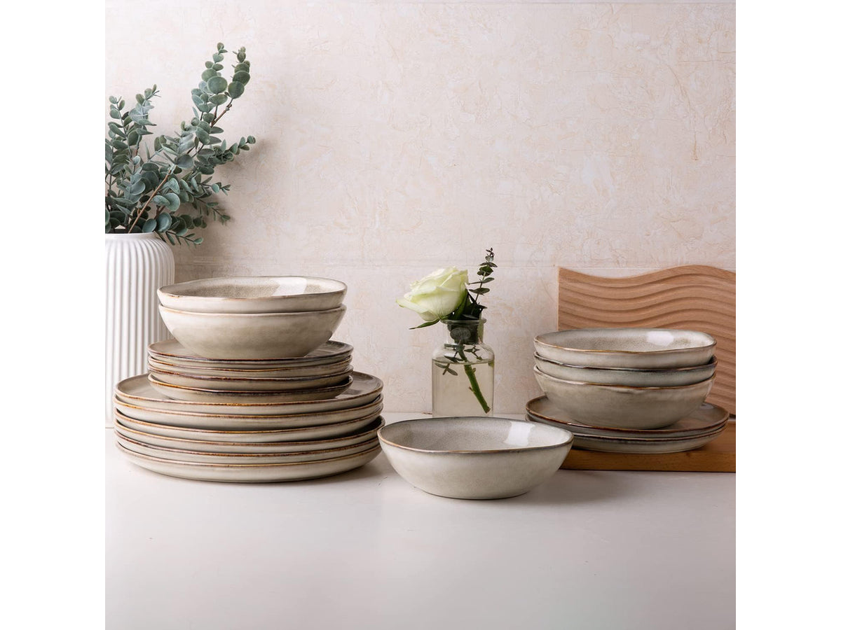 12-Piece Ceramic Dinnerware Set for 4, Natural Glaze Unique Plates and Bowls Set, High Temperature Fired Chip Resistant Tableware, Microwave Dishwasher Freezer Safe Rustic Kitchen Dishes