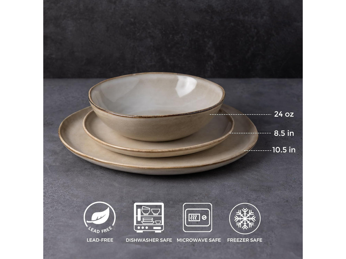 12-Piece Ceramic Dinnerware Set for 4, Natural Glaze Unique Plates and Bowls Set, High Temperature Fired Chip Resistant Tableware, Microwave Dishwasher Freezer Safe Rustic Kitchen Dishes