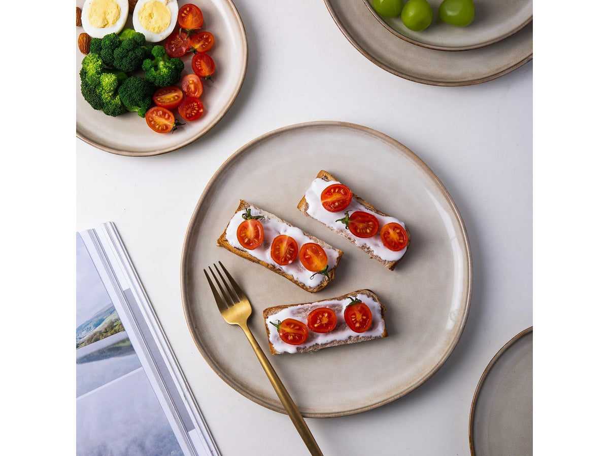 12-Piece Ceramic Dinnerware Set for 4, Natural Glaze Unique Plates and Bowls Set, High Temperature Fired Chip Resistant Tableware, Microwave Dishwasher Freezer Safe Rustic Kitchen Dishes