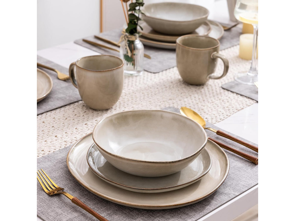 12-Piece Ceramic Dinnerware Set for 4, Natural Glaze Unique Plates and Bowls Set, High Temperature Fired Chip Resistant Tableware, Microwave Dishwasher Freezer Safe Rustic Kitchen Dishes